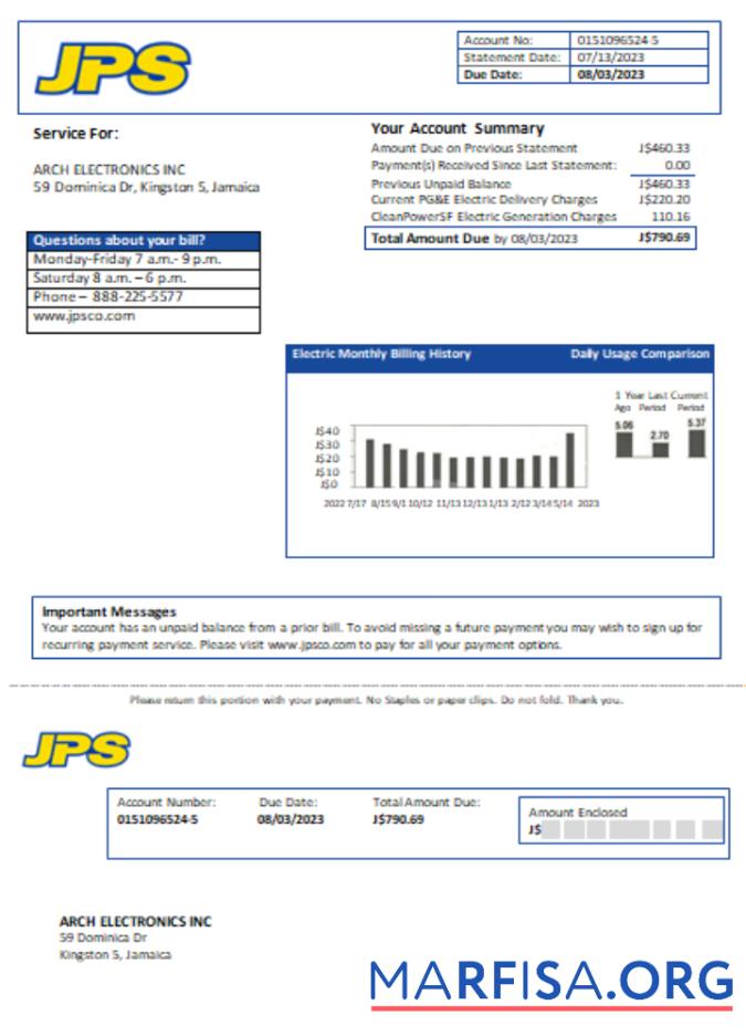 Realistic Jamaica Public Service Co Ltd (JPS) electricity utility business bill, SCR template
